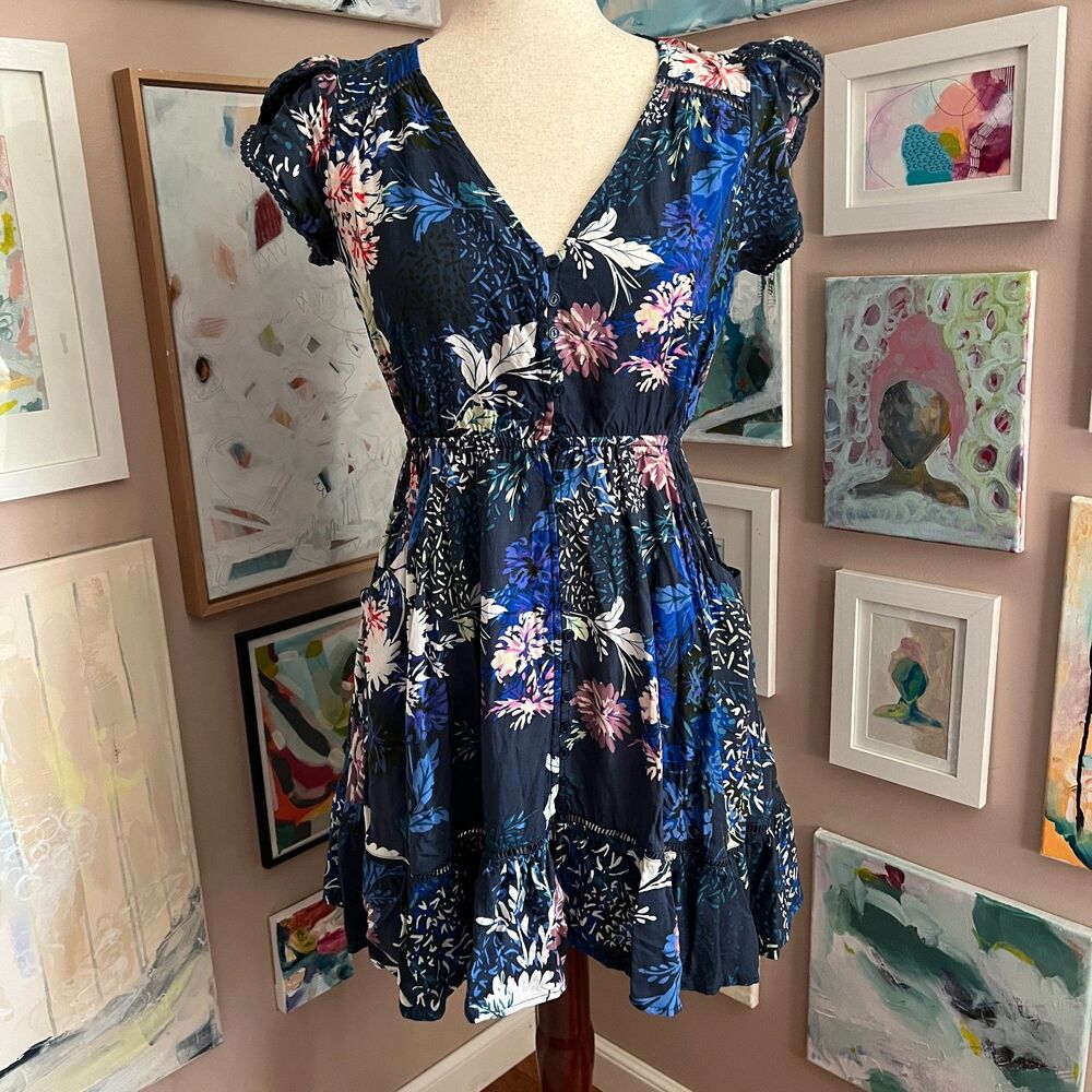 Jaase Anthropologie Blue Floral Button Front Mini Dress XSā Boho Cottagecore